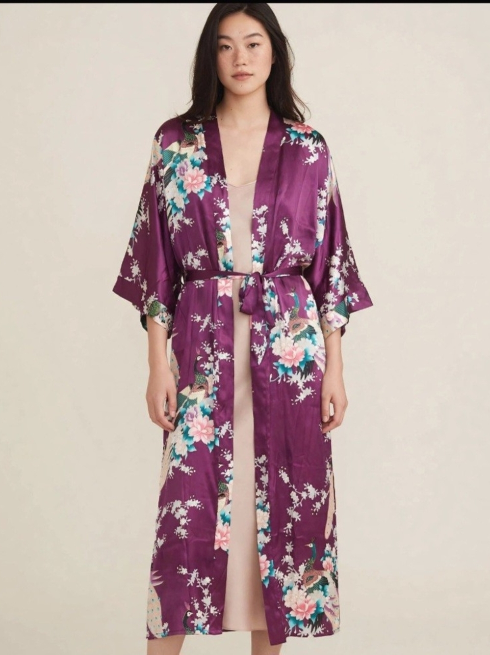 Plum Purple Peacock Floral Satin Kimono Robe One Size Maxi | Boho Lounge Duster